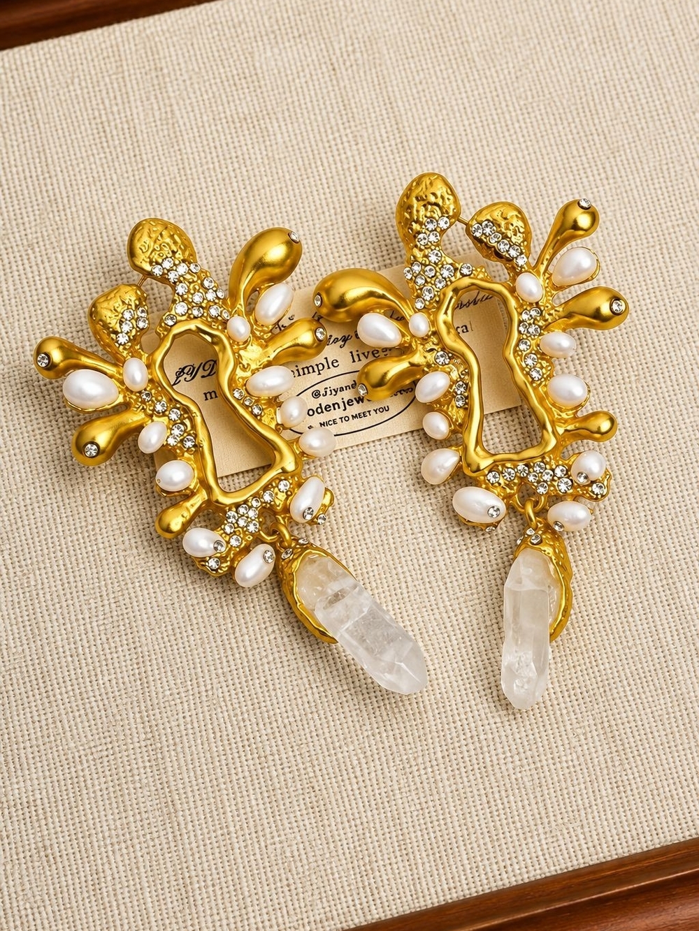 Gold and White Pearl Crystal Drop Earrings - Picture 3 of 4